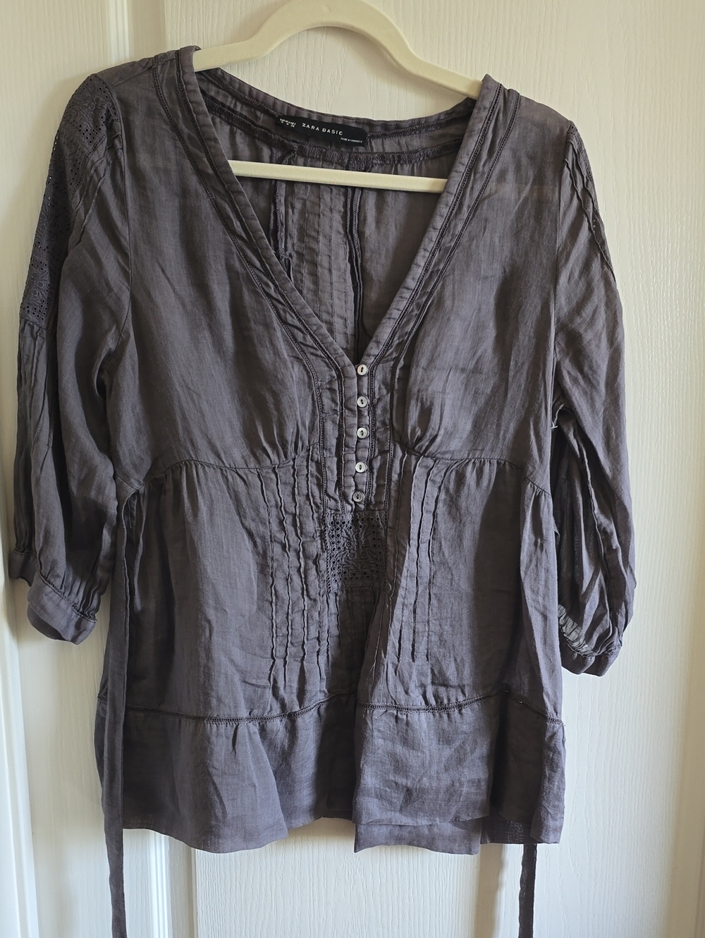 Zara Gray V-Neck Pintuck Peasant Tunic